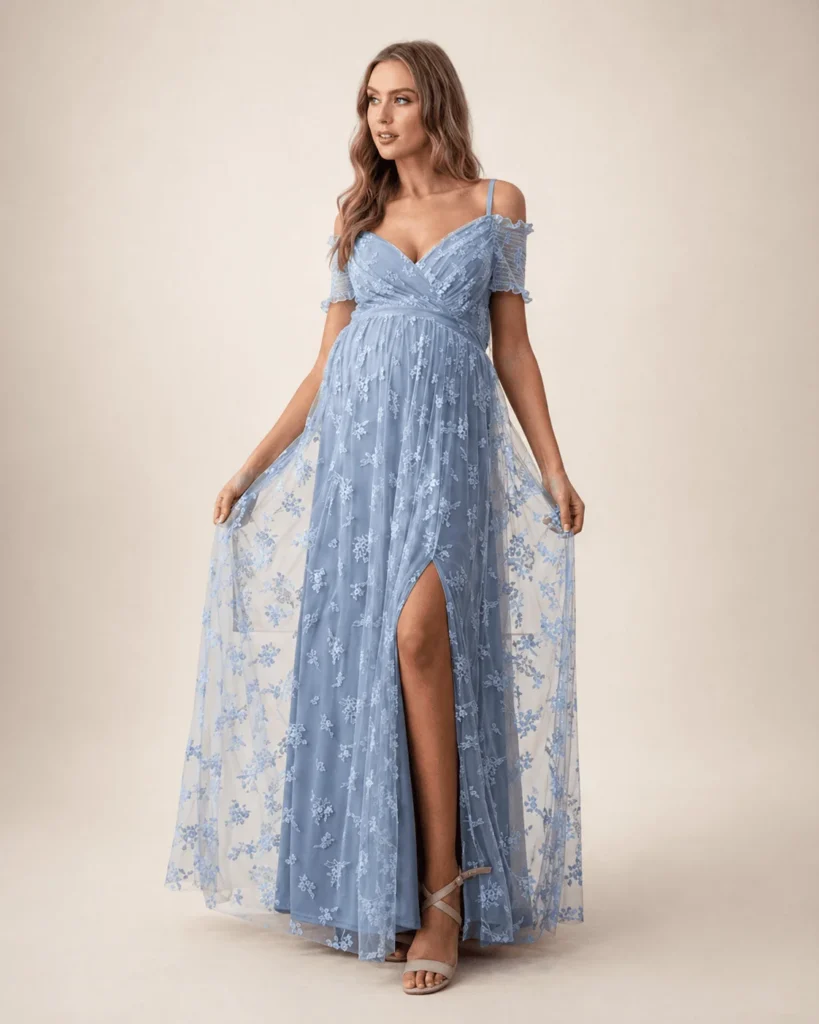 Vestido tul bordado azul polvo