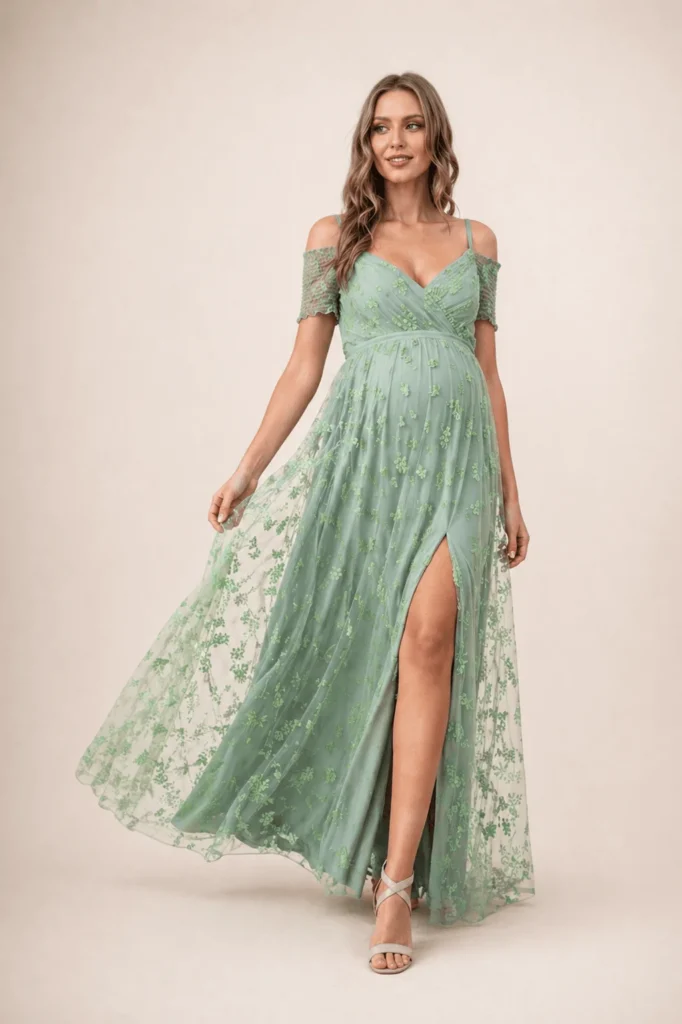 Vestido tul bordado verde sage