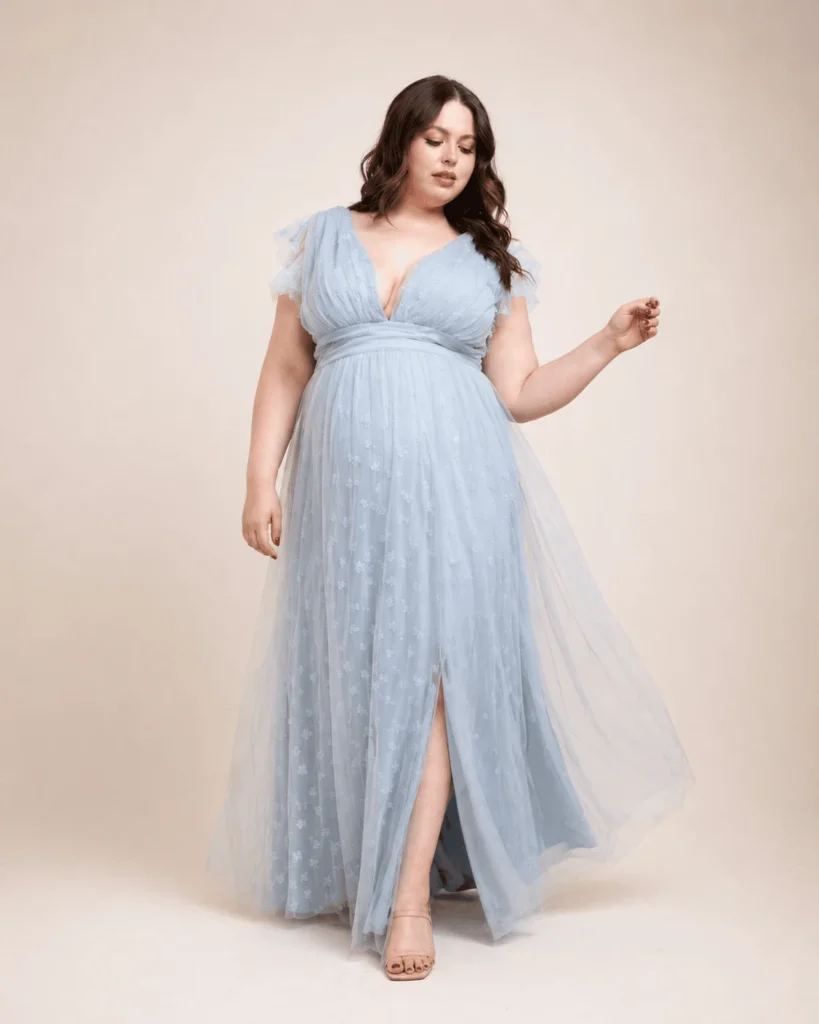Vestido tul aplicaciones florales Azul polvo