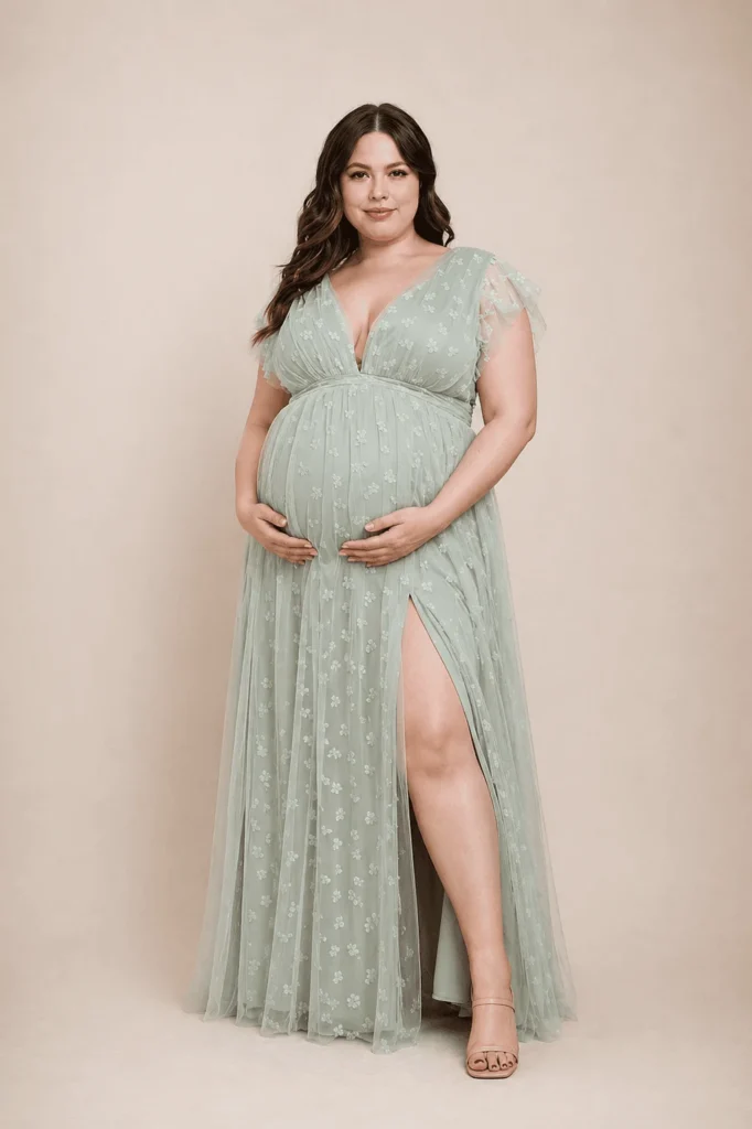 Vestido tul aplicaciones florales Verde sage