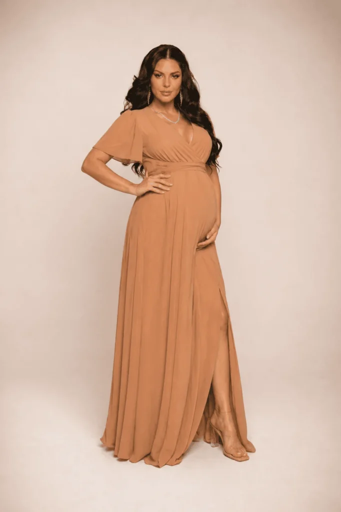 Vestido liso manga suelta camel