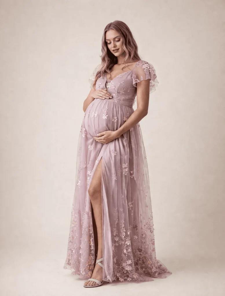 Vestido tul flores relieve rosa palo
