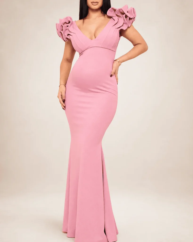 Vestido rosa palo olanes hombro