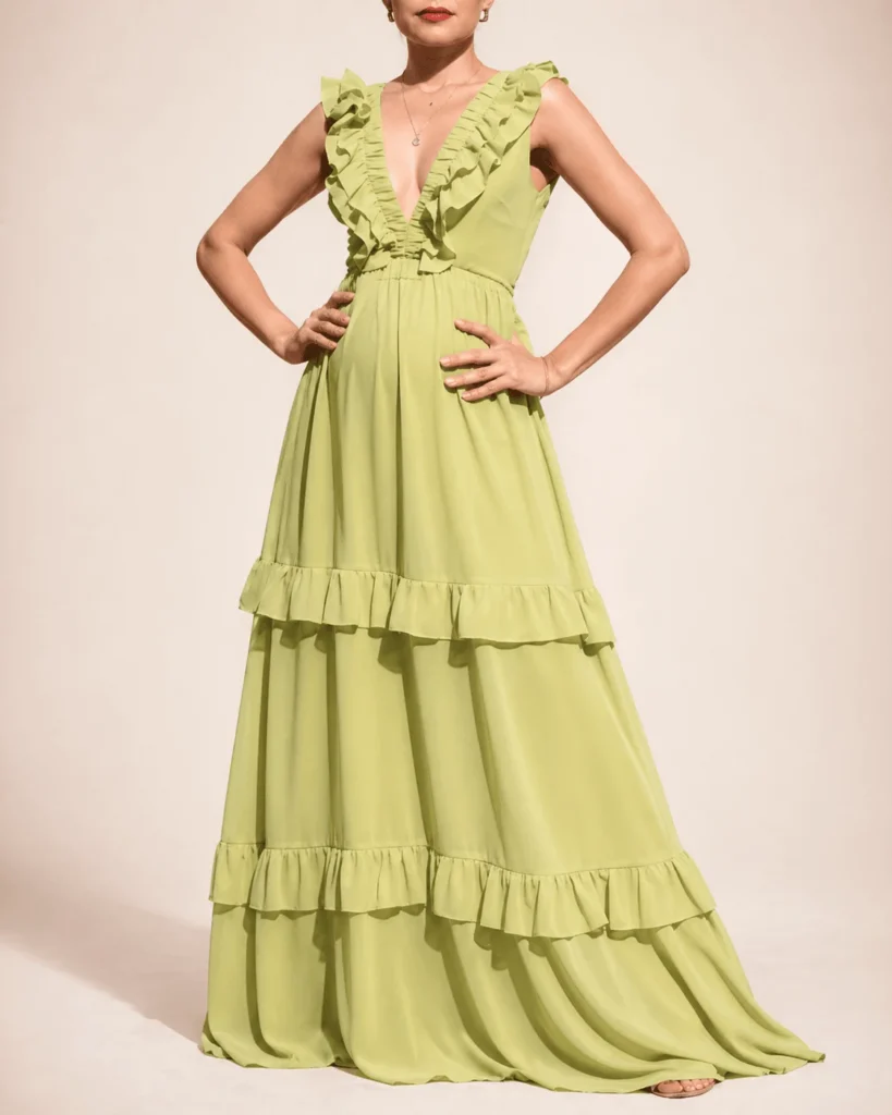 Vestido largo verde lima olanes en capas