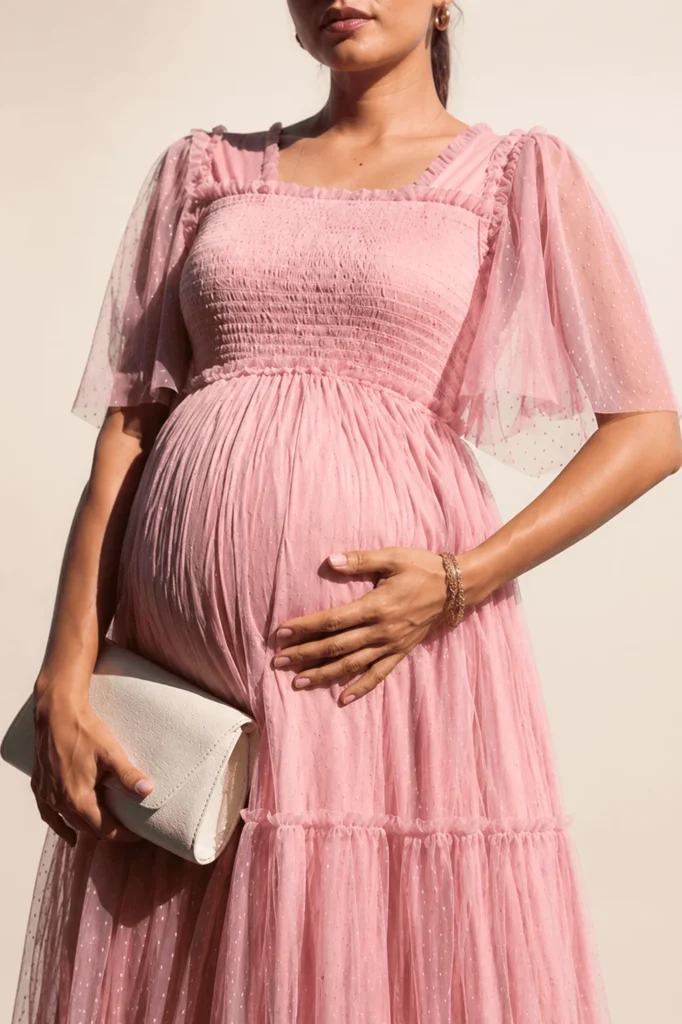 Vestido tul texturizado corte imperio Rosa blush