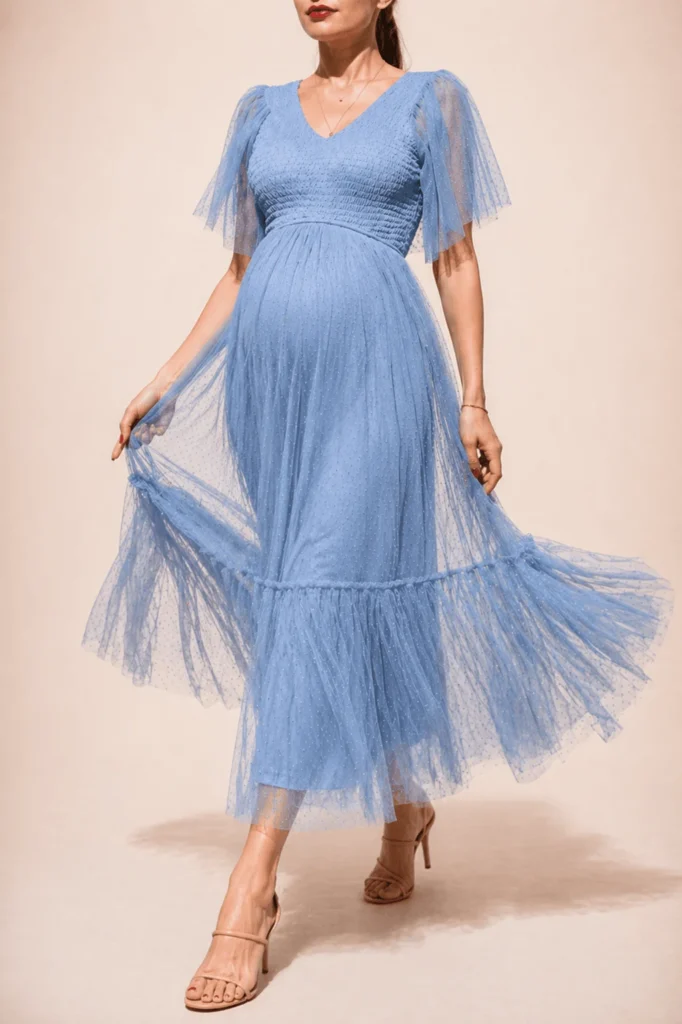 Vestido midi tul textura ligera azul polvo