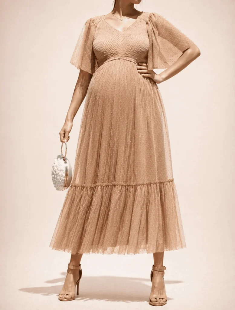 Vestido midi tul textura ligera Camel