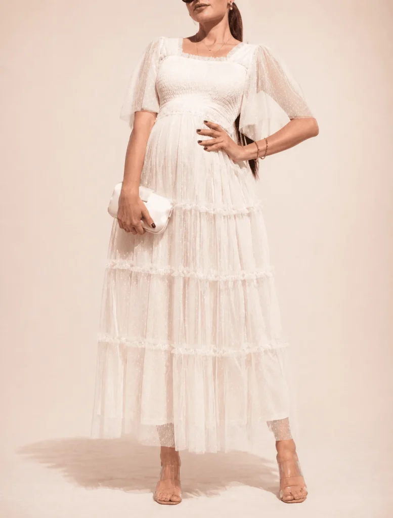 Vestido midi tul fluido textura ivory