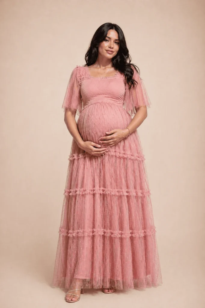 Vestido midi tul fluido textura rosa palo