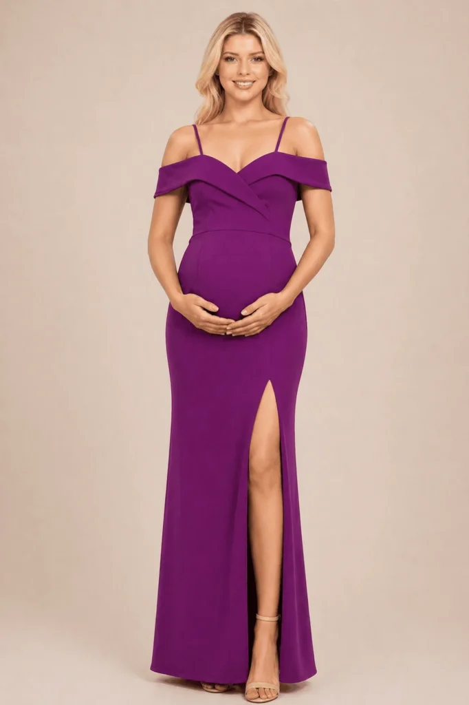 Vestido largo corte sirena off shoulders magenta