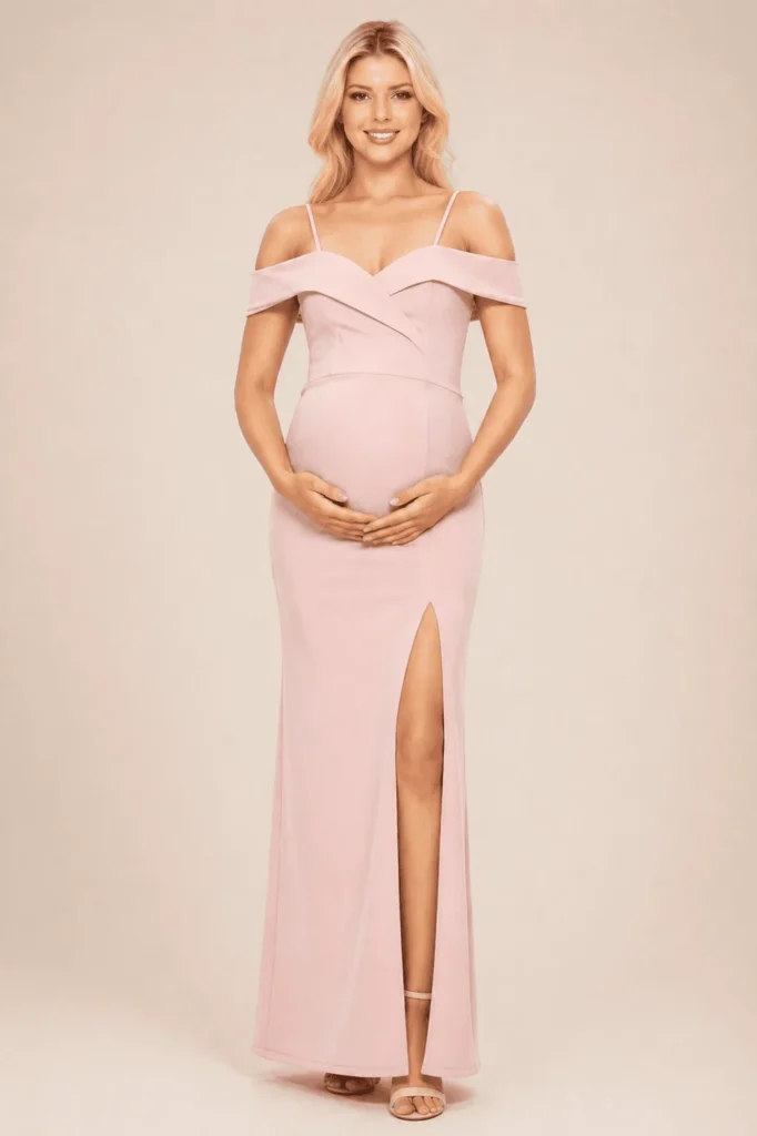 Vestido largo corte sirena off shoulders rosa soft