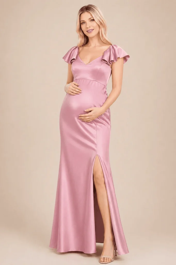 Vestido largo satinado rosa palo con detalle en hombros
